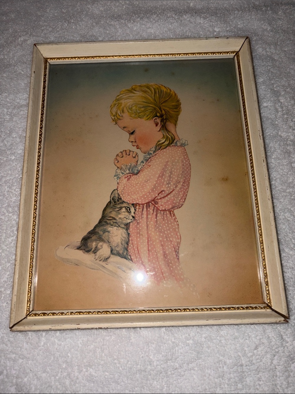 Vintage Framed Illustration of Girl Praying with Cat - Pink Dress